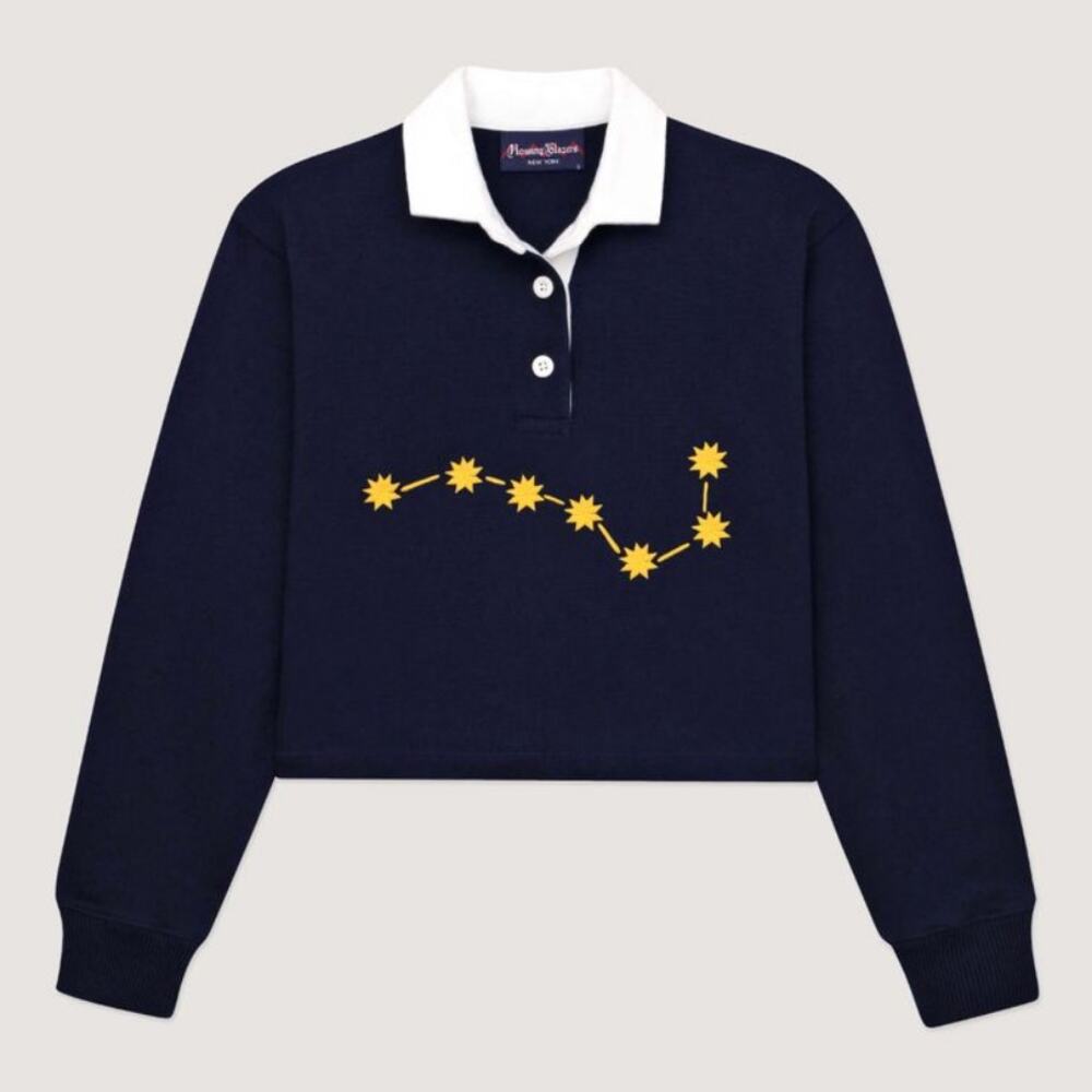Rowing Blazers Navy Cropped Rugby Sweater with Yellow Star Motif